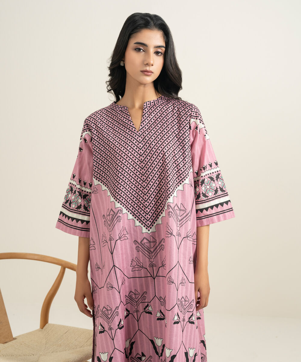 Women's RTW Textured Cotton Printed Pink A-Line Shirt