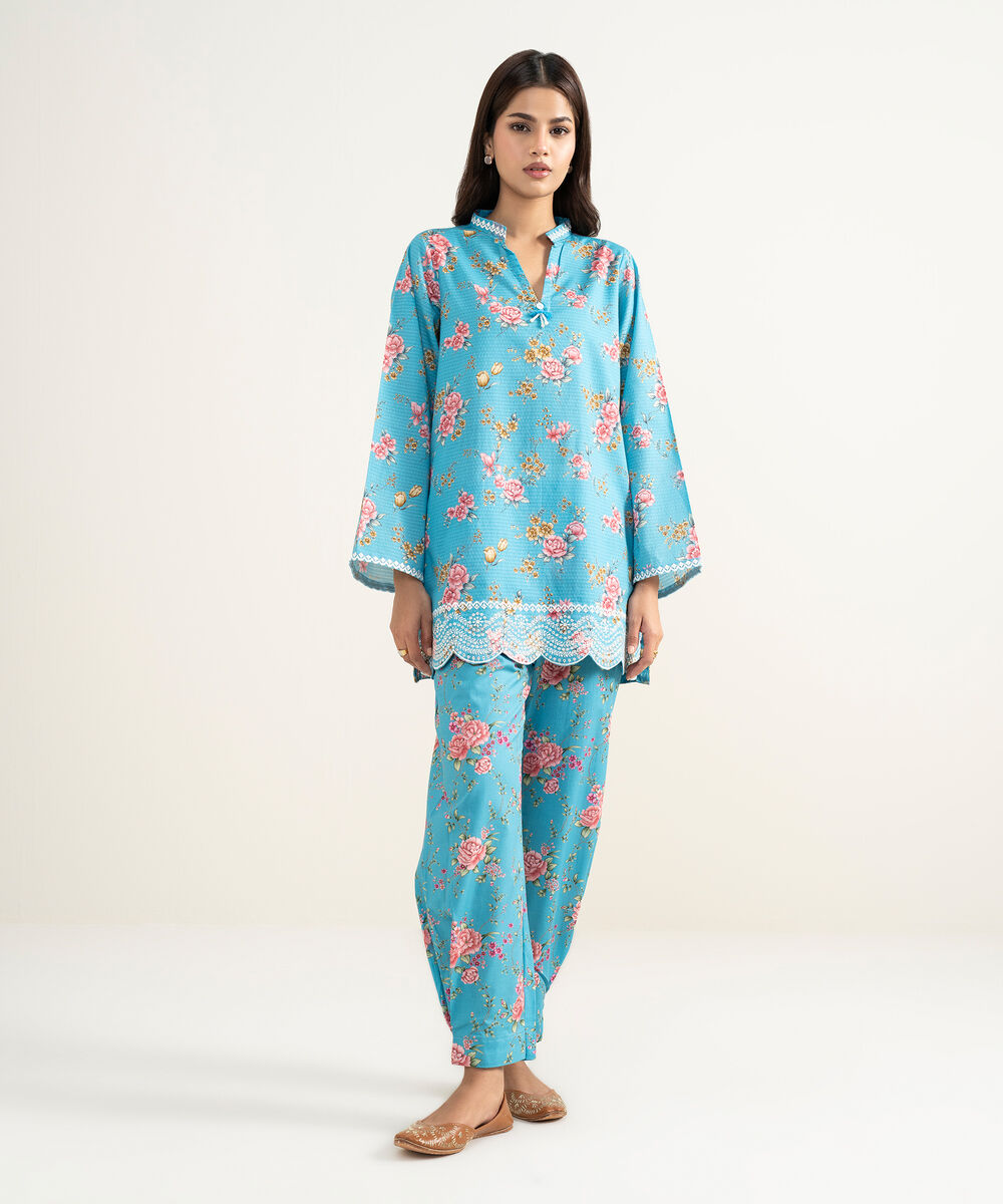 Women's RTW Dobby Embroidered Blue Straight Shirt