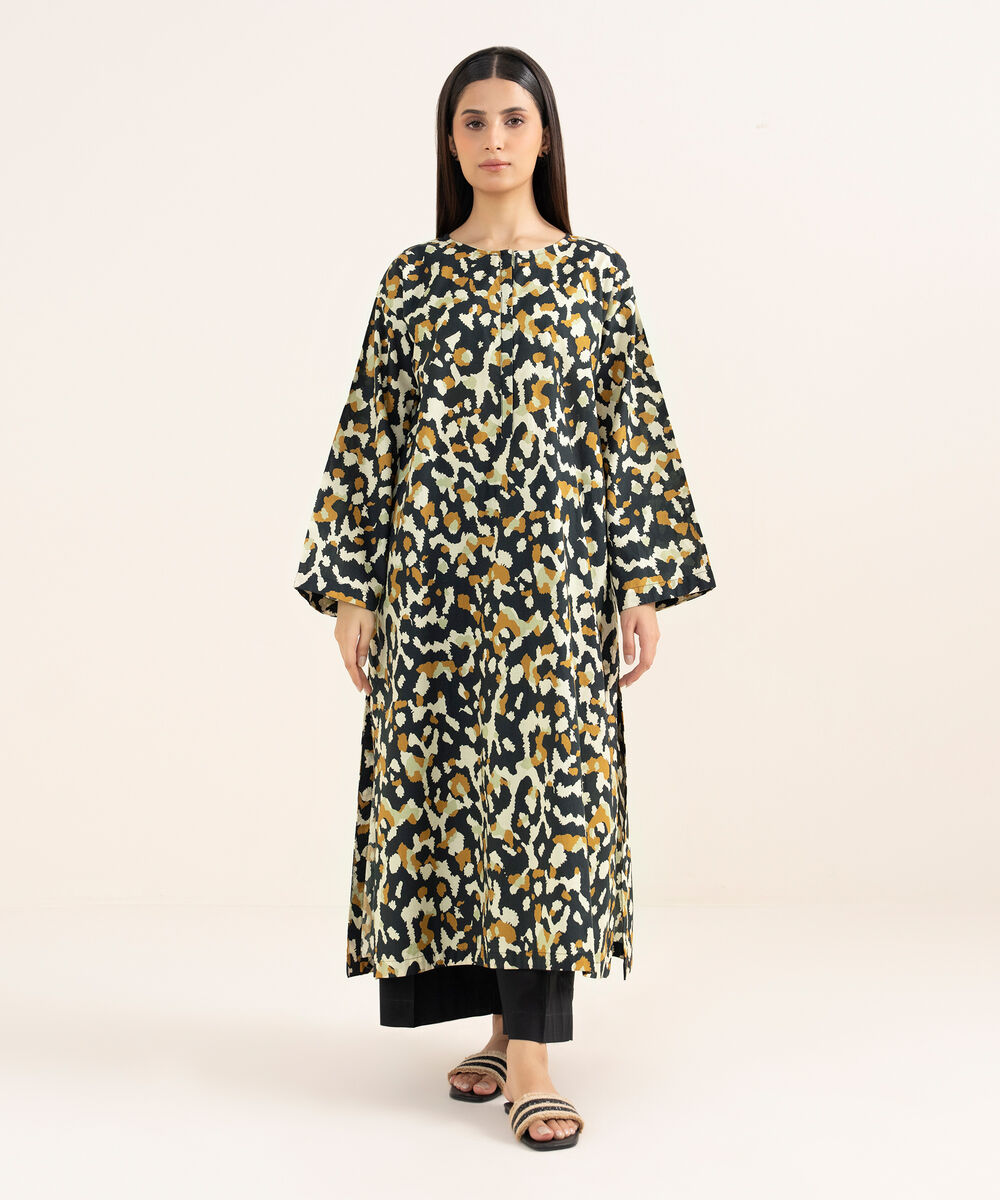 Women's RTW Cambric Black Printed A-Line Shirt