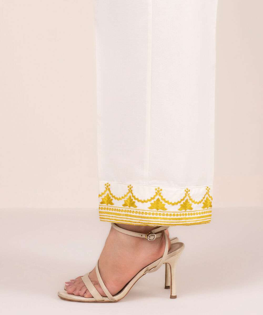 Women's RTW Cambric Embroidered White Straight Pants