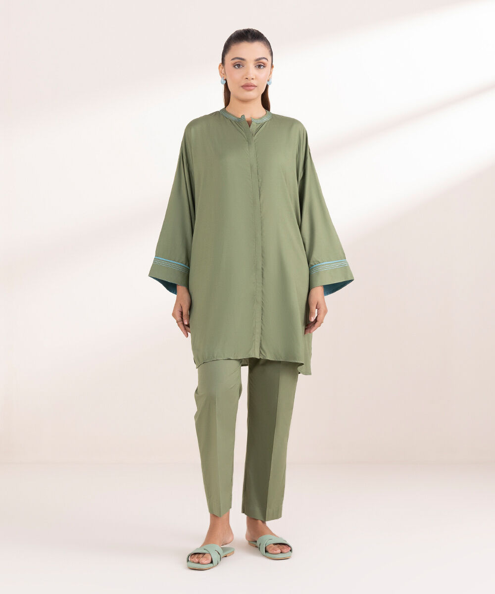 Woman - Green Solid Arabic Lawn Shirt