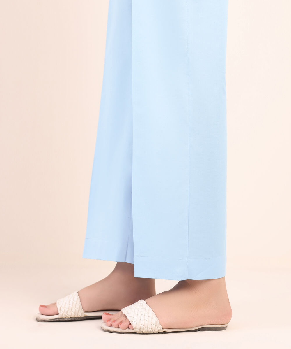 Women's RTW Lycra Blue Solid Straight Pants