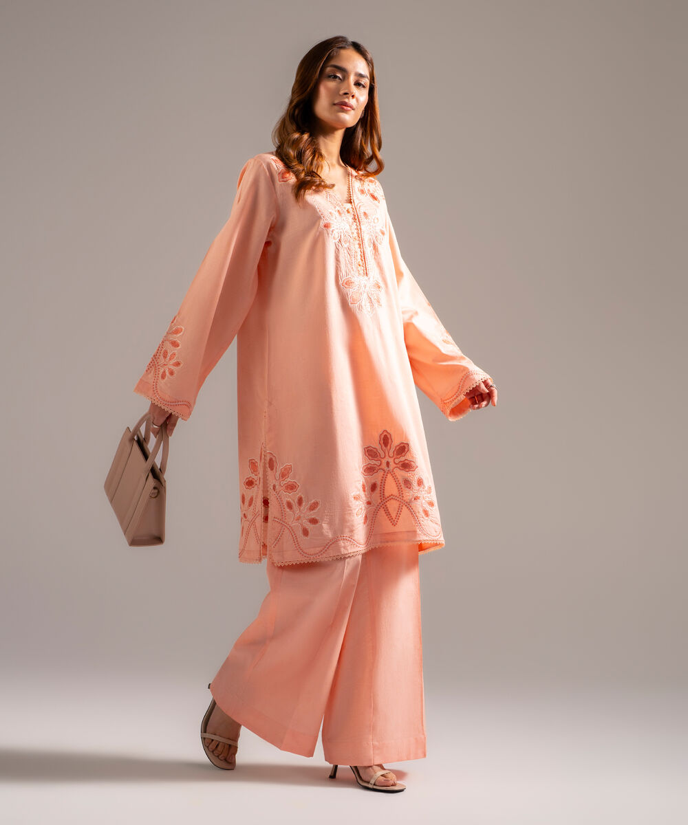 Women's RTW Self Jacquard Embroidered Peach 2 Piece Suit