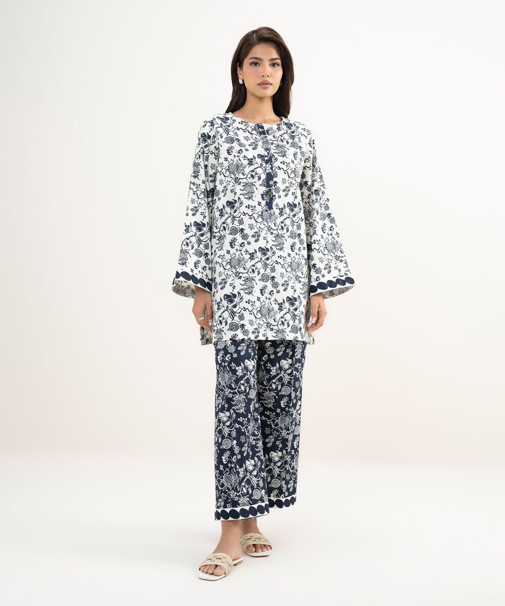 Women's RTW Seersucker Printed White Straight Shirt