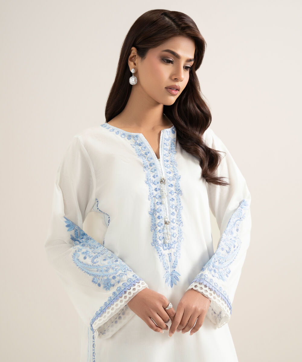 Women's RTW Self Jacquard Embroidered White A-Line Shirt