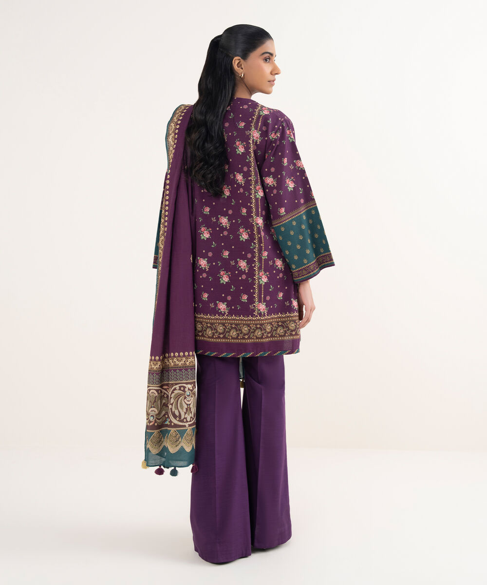 Women's Unstitched Light Khaddar Printed Purple 3 Piece Suit