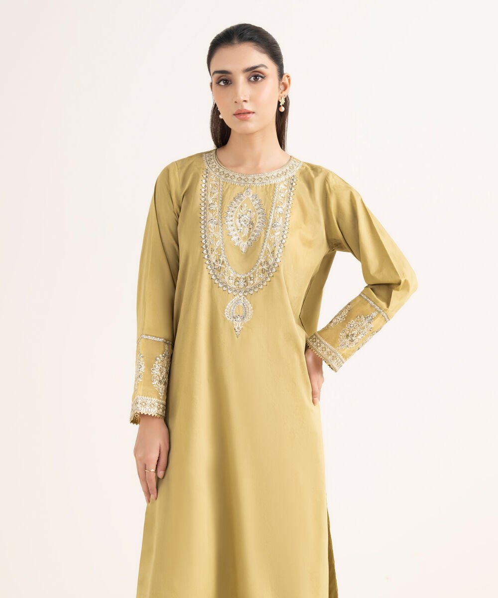 Women's RTW Self Jacquard Leno Embroidered Yellow A-Line Shirt