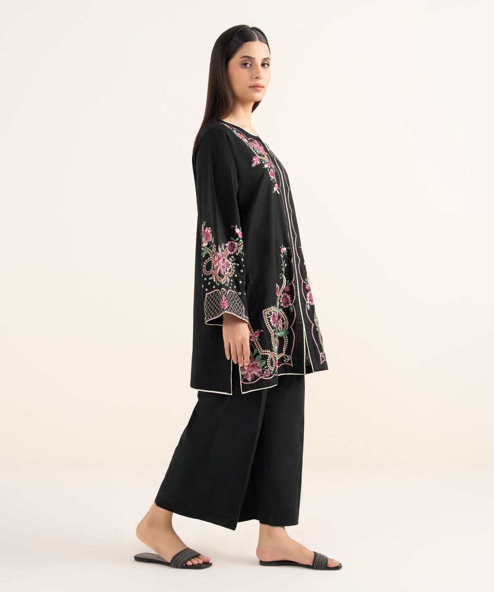 Women's RTW Textured Lawn Black Embroidered A-Line Shirt