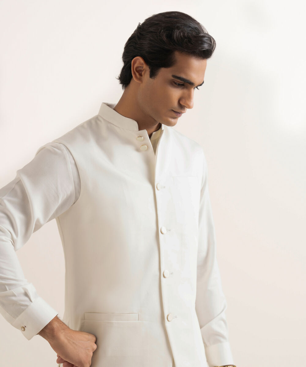 Men's Stitched Premium Cotton Off White Waistcoat
