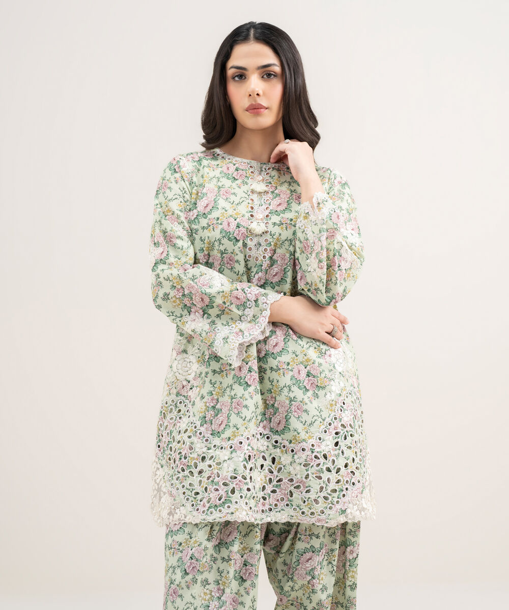 Women's RTW Zari Cotton Embroidered Green Straight Shirt