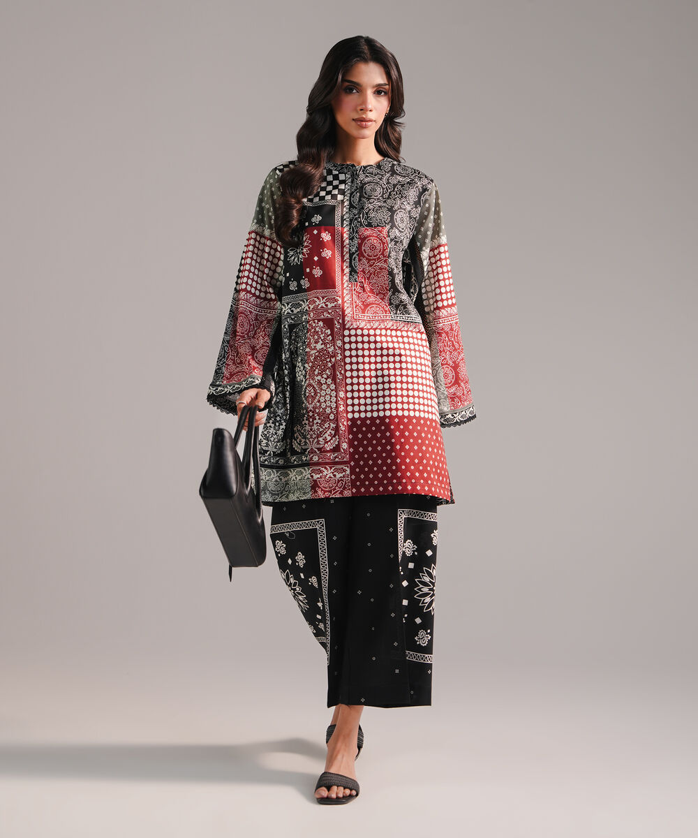 Women's RTW Cambric Printed Black Straight Shirt