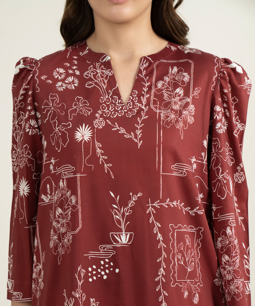 Women's RTW Cotton Viscose Printed Maroon Straight Shirt