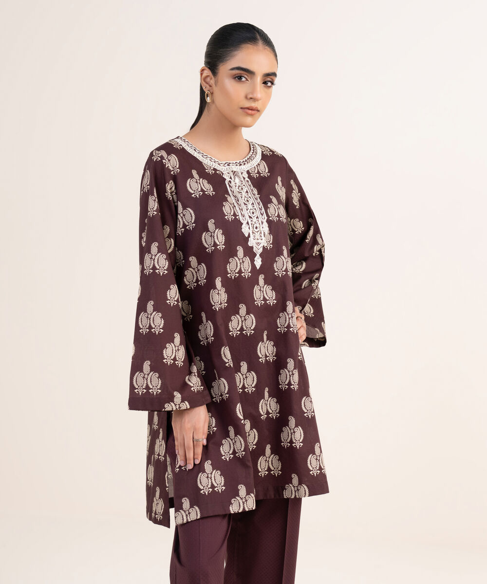 Women's RTW Textured Lawn Coral Embroidered A-Line Shirt