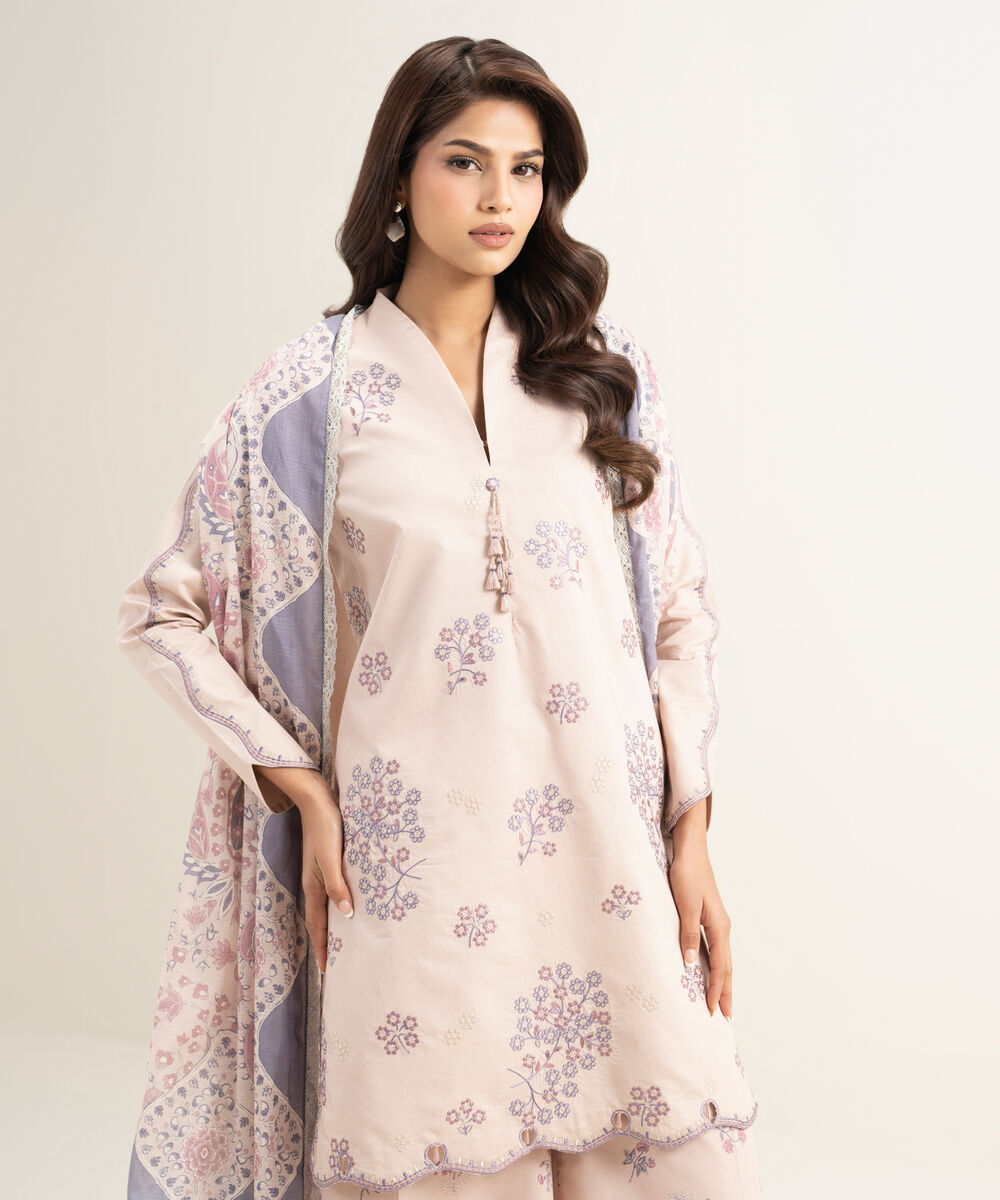 Women's Unstitched Lawn Embroidered Pink 3 Piece Suit