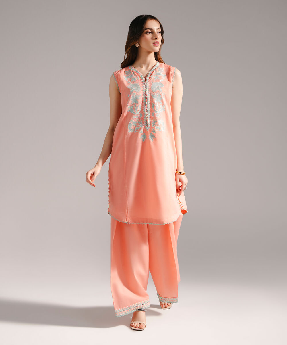 Women's RTW Zari Lawn Embroidered Straight Peach Shirt