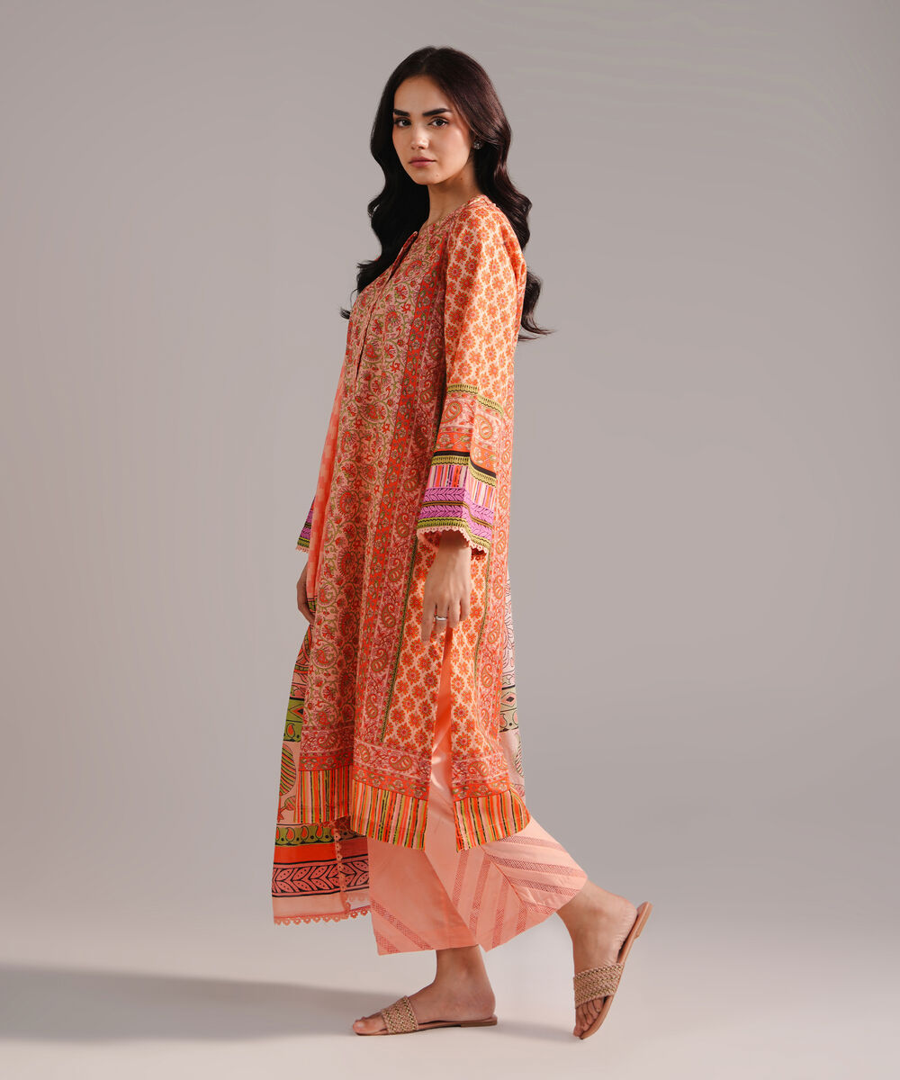 Women's RTW Lawn Printed Peach 3 Piece Suit