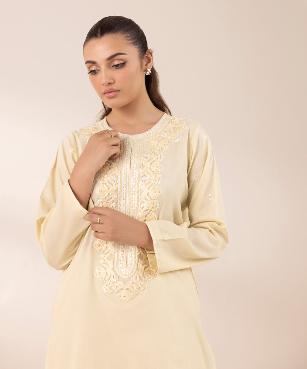 Women's RTW Dobby Beige Embroidered A-Line Shirt