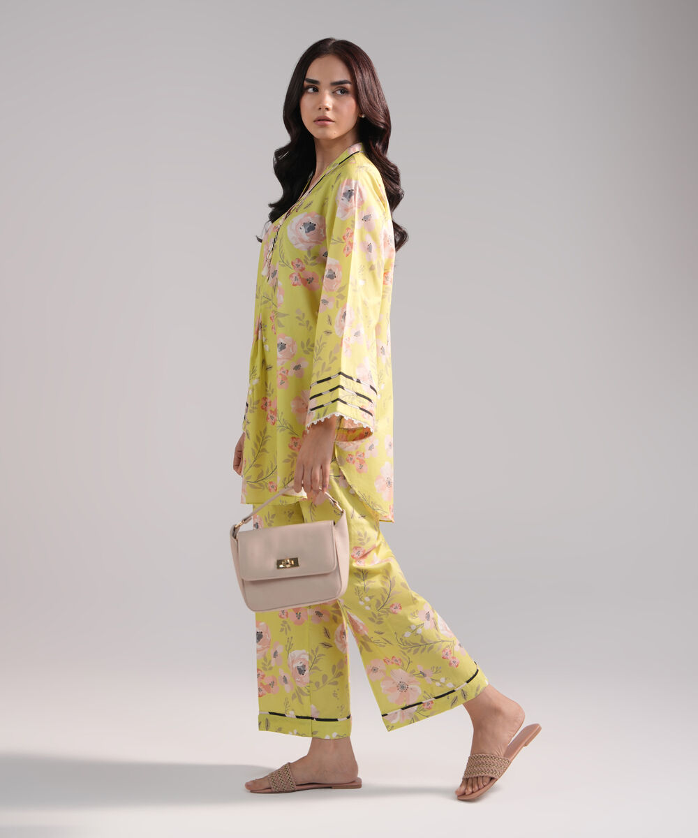 Women's RTW Cambric Printed Lime Green 2 Piece Suit