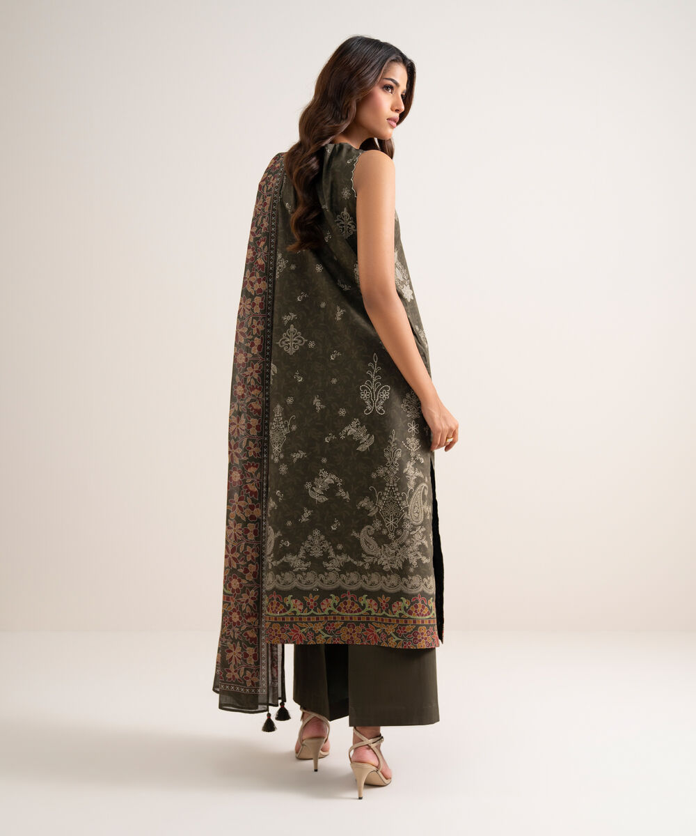 Women's Unstitched Printed Lawn Olive Green 3 Piece Suit