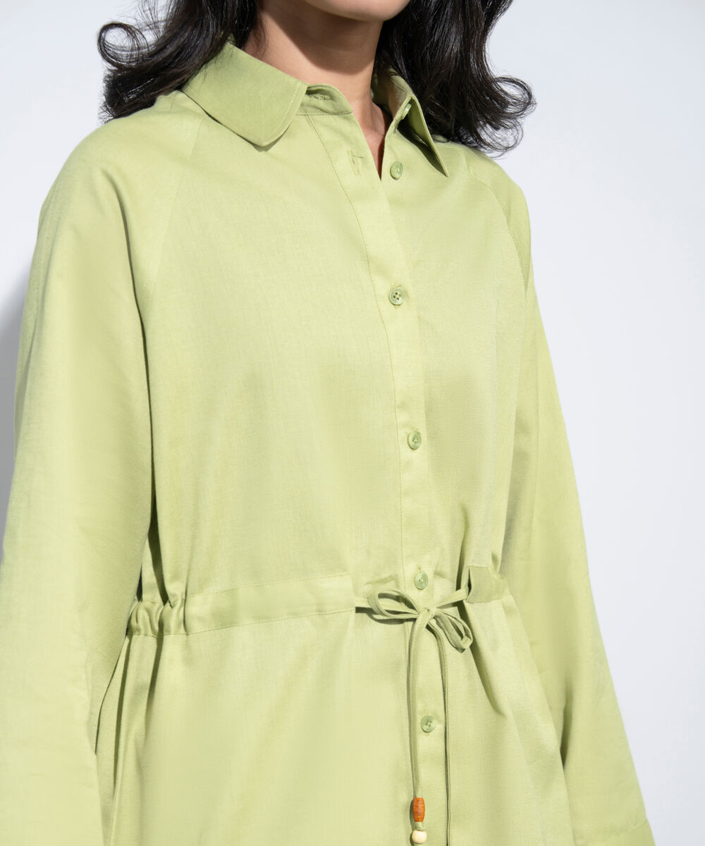 Women's Western Green Linen Blend Shirt With Waist Drawcord