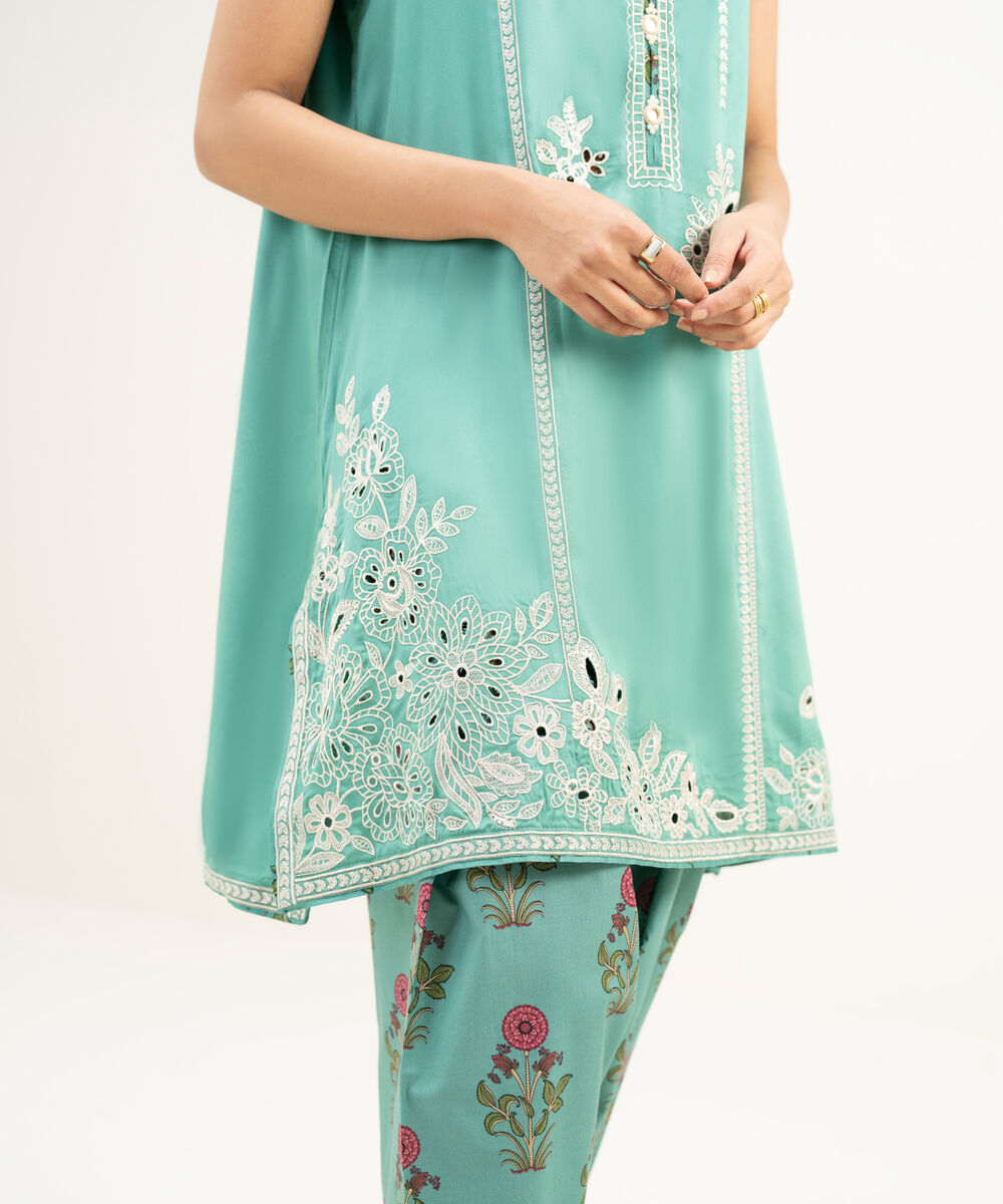 Women's RTW Dobby Embroidered Turquoise 3 Piece Suit