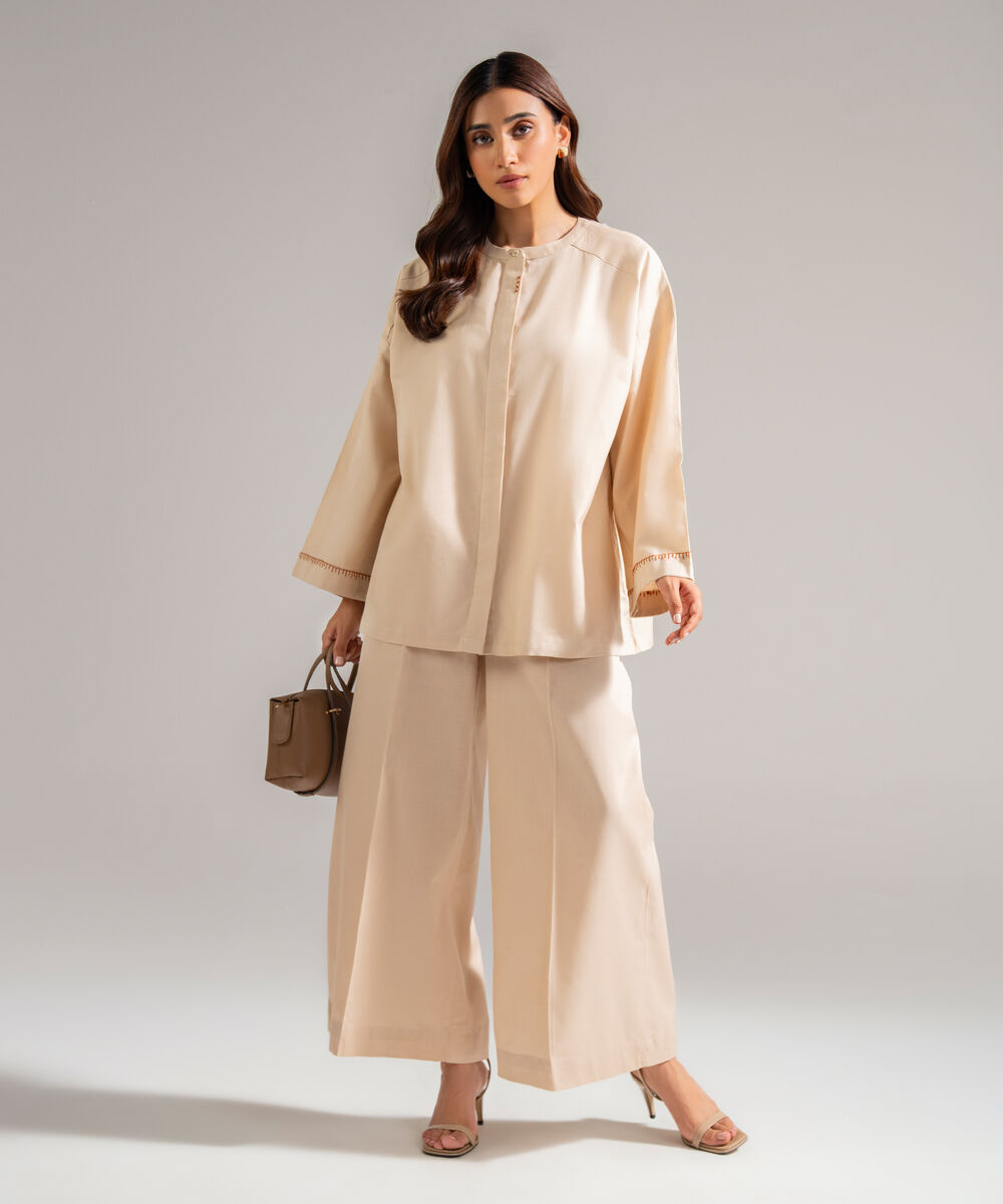 Women's RTW Cotton Linen Solid Beige 2 Piece Suit
