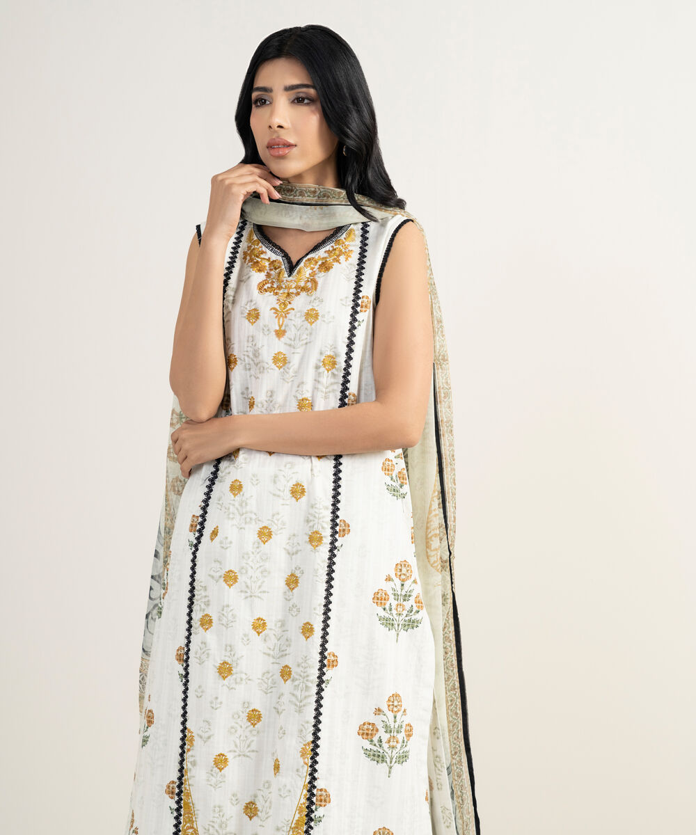 Women's RTW Cotton Embroidered White 3 Piece Suit