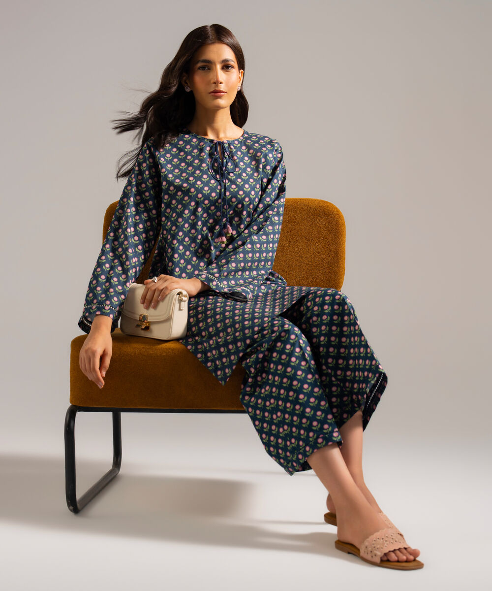 Women's RTW Lawn Printed Blue Straight Shirt