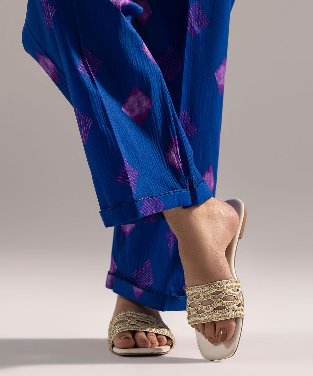 Women's RTW Seersucker Printed Dark Blue Culottes