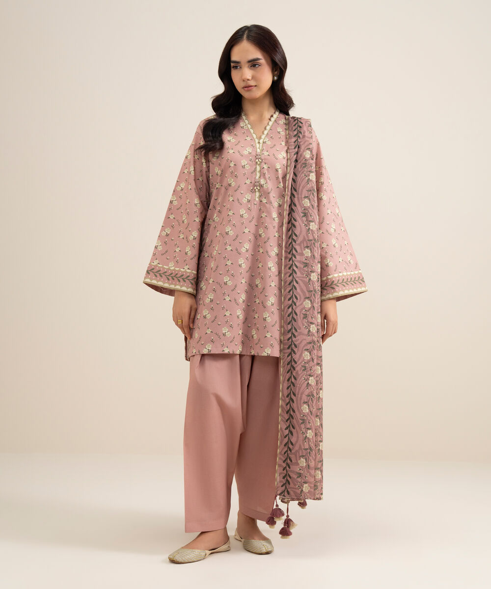 Women's Unstitched Lawn Printed Tea Pink 3 Piece Suit