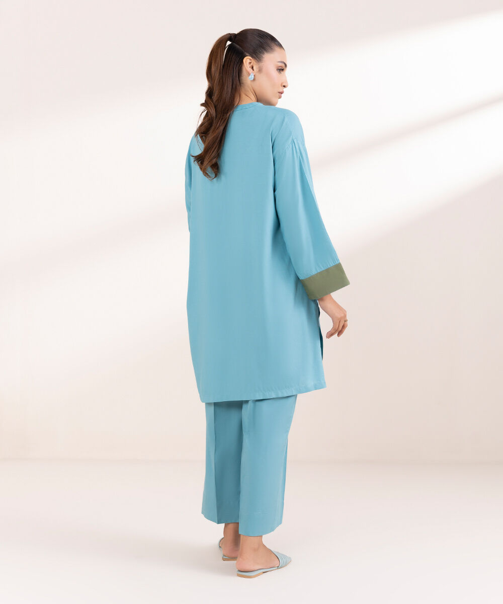 Woman - Blue Solid Arabic Lawn Shirt