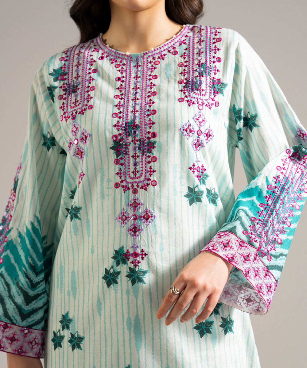 Women's RTW Dobby Embroidered Green Straight Shirt