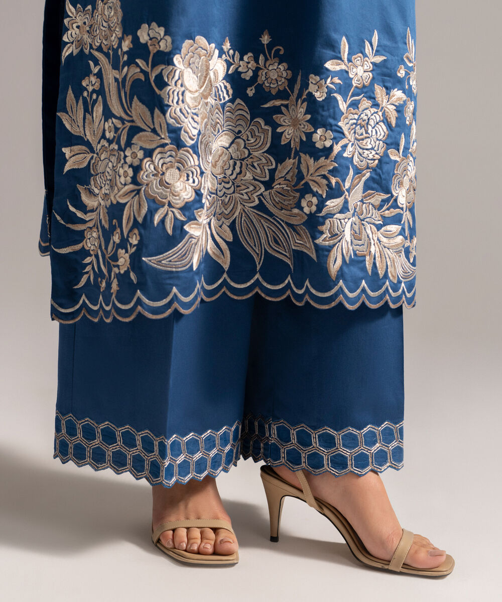 Women's RTW Cotton Satin Embroidered Dark Blue 3 Piece Suit
