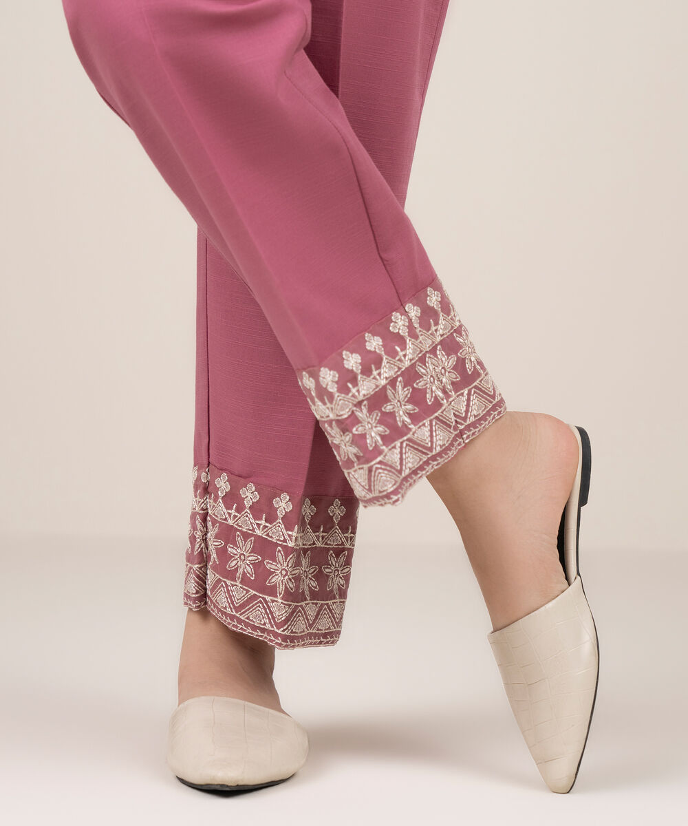 Women's RTW Cotton Embroidered Pink Straight Pants