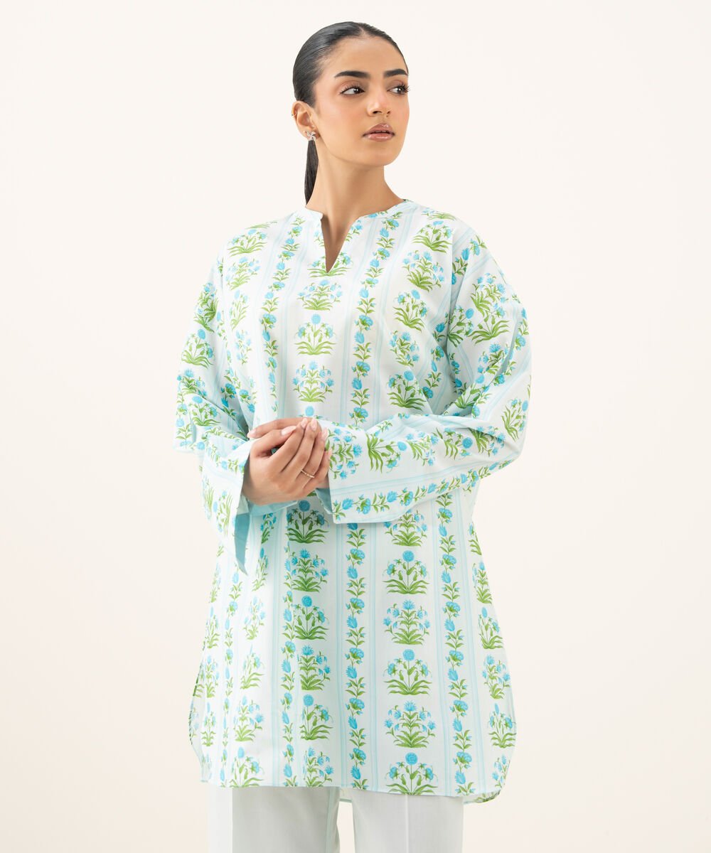 Women's RTW Cambric Printed Ice Blue Drop Shoulder Shirt