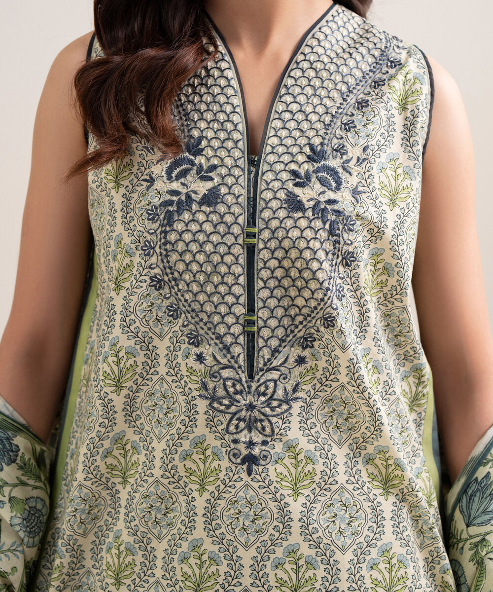 Women's Unstitched Lawn Embroidered Off White With Multi 3 Piece Suit