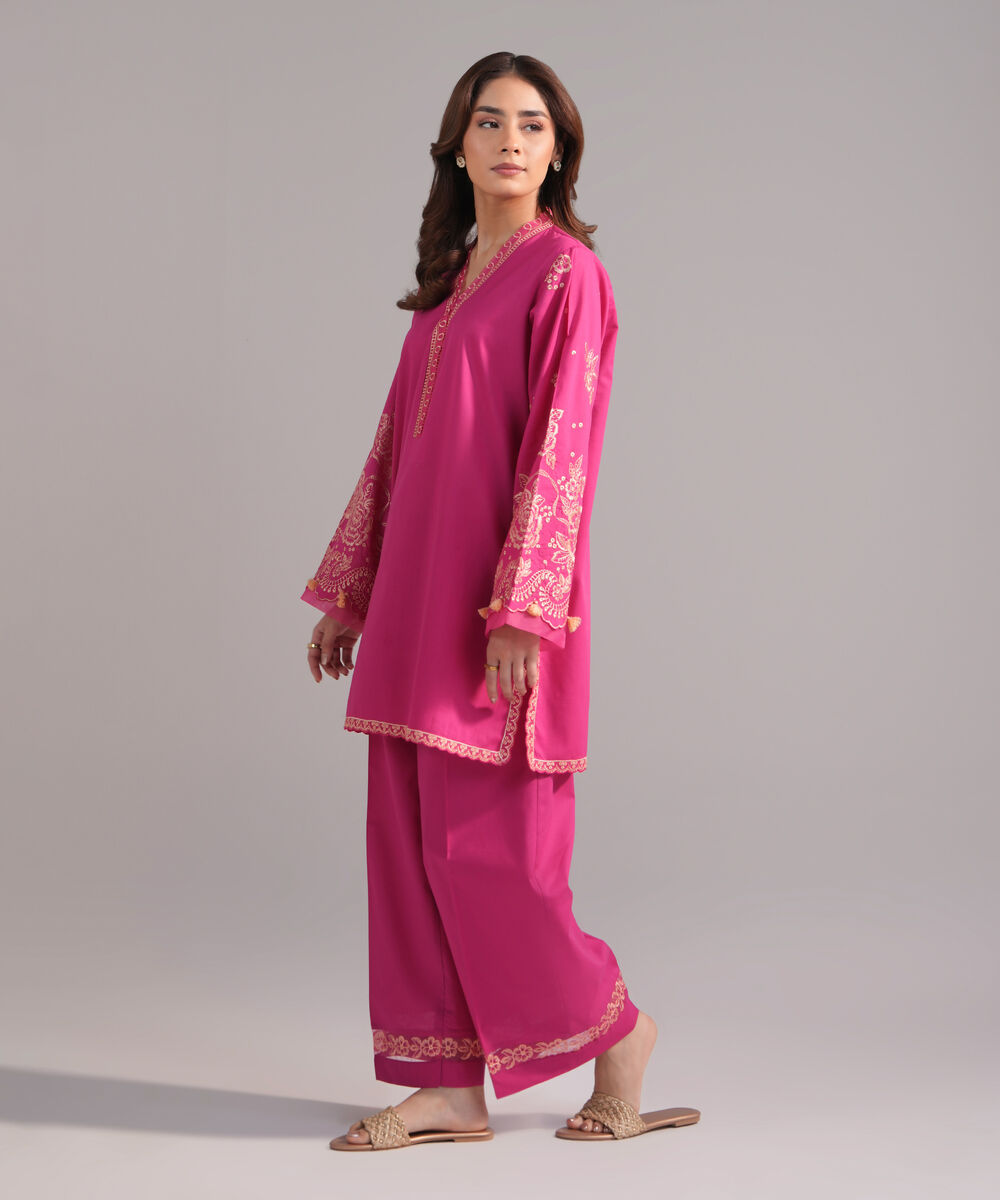 Women's RTW Crosshatch Embroidered Pink Straight Shirt