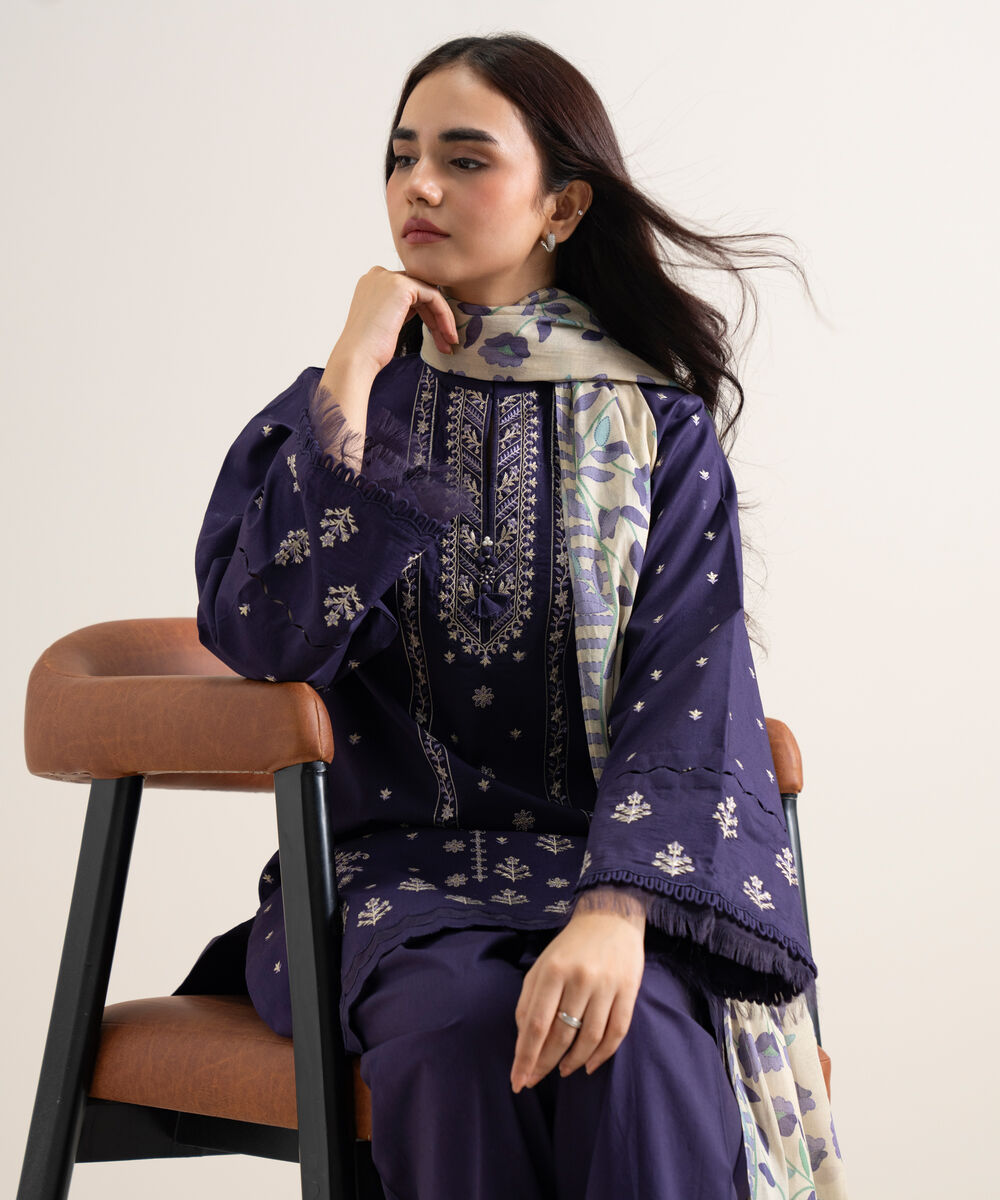 Women's Unstitched Lawn Embroidered Blue  3 Piece Suit