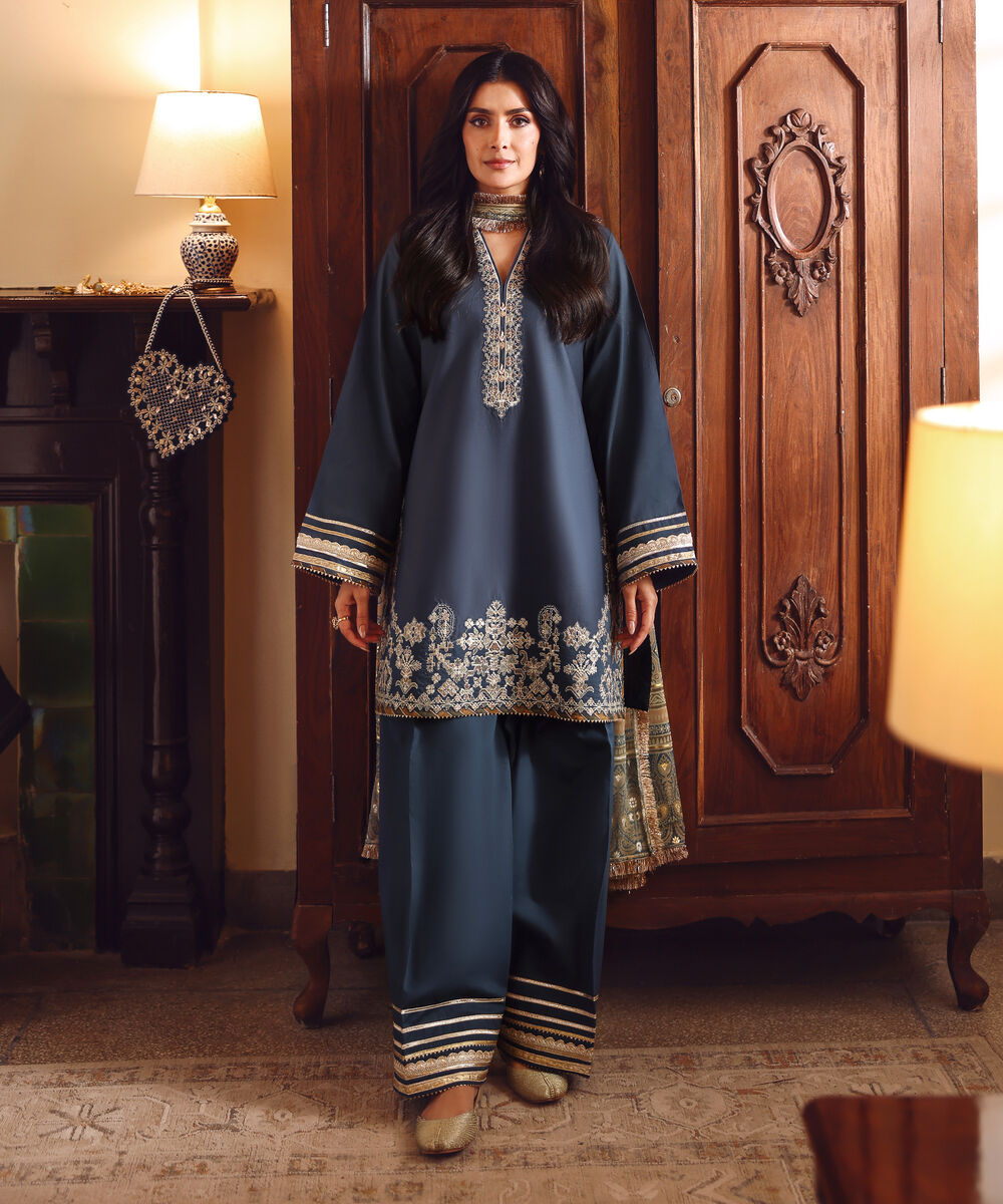 Women's Unstitched Textured Lawn Embroidered Blue 3 Piece Suit