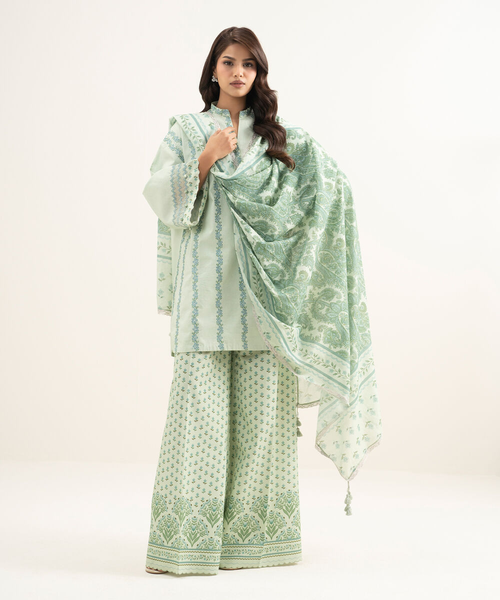 Women's Unstitched Lawn Embroidered Green 3 Piece Suit