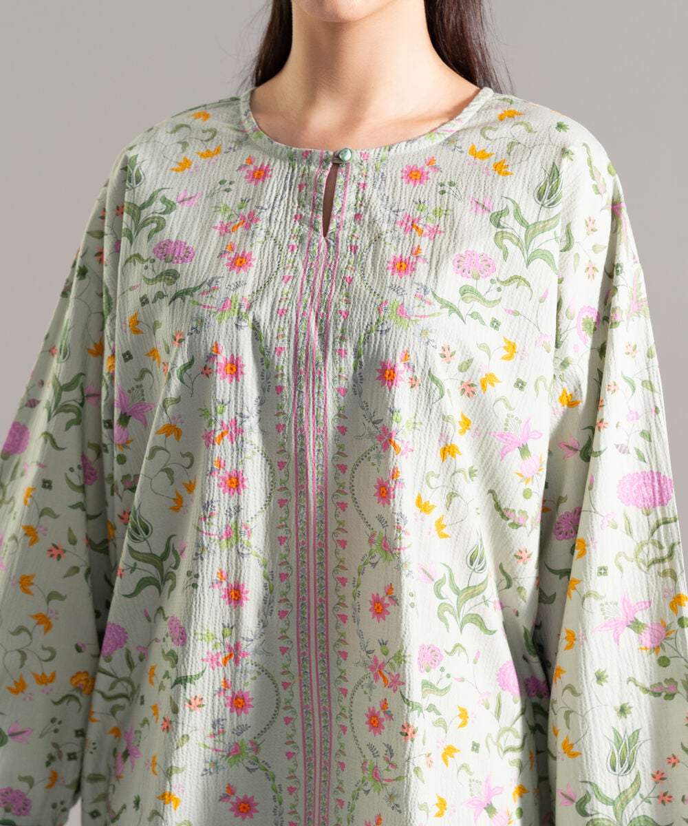 Women's RTW Seersucker Printed Green 2 Piece Suit