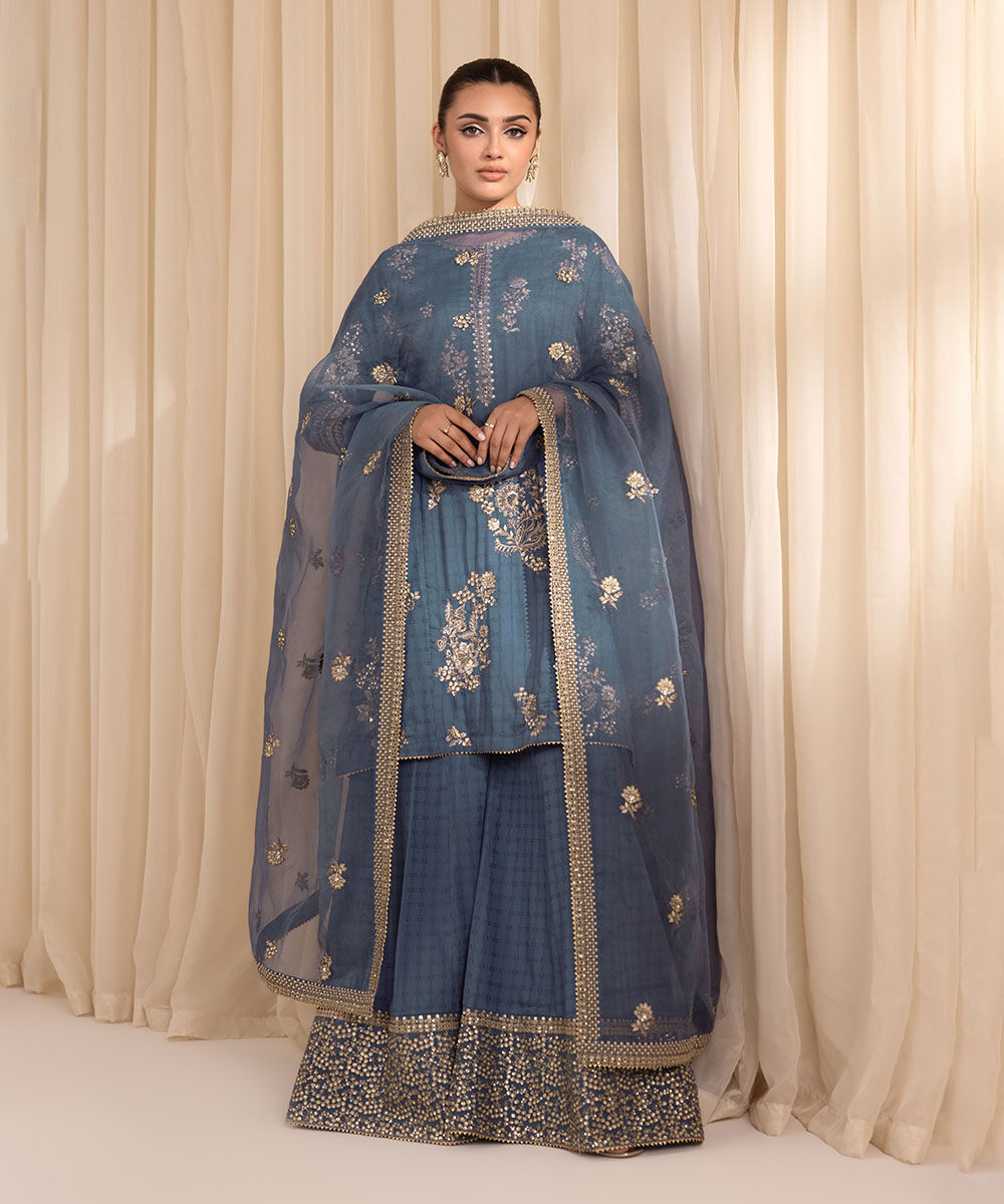 Women's RTW Dobby Blue Embroidered Three Piece Suit