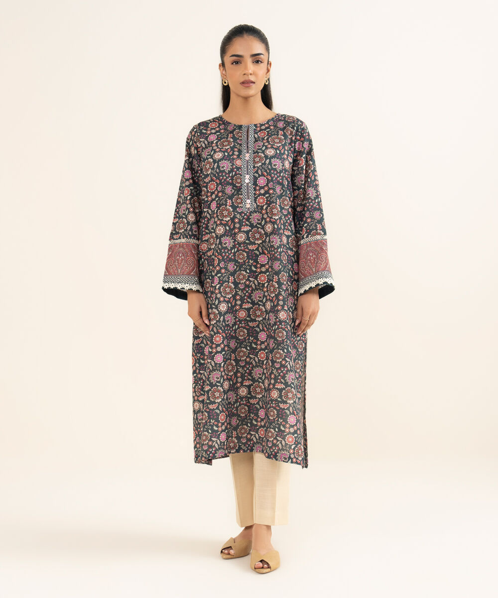 Women's RTW Khaddar Printed Dark Teal A-Line Shirt