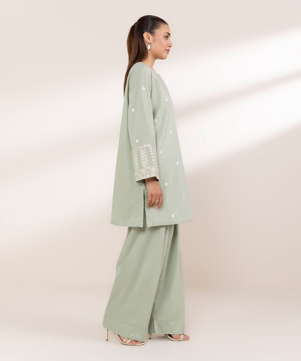 Women's RTW Textured Lawn Green Embroidered Boxy Shirt