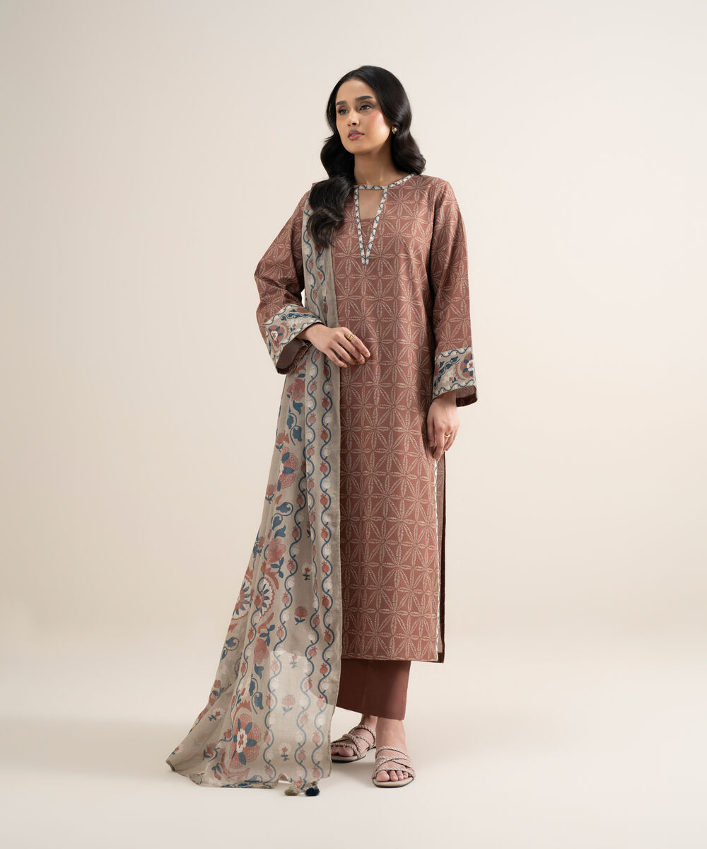 Women's Unstitched Lawn Printed Brown 3 Piece Suit