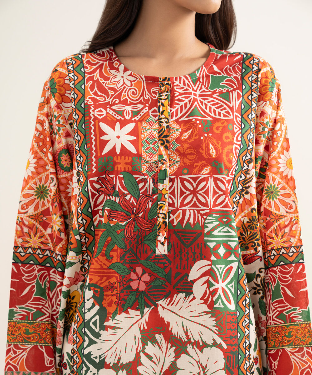 Women's RTW Lawn Printed Orange Straight Shirt