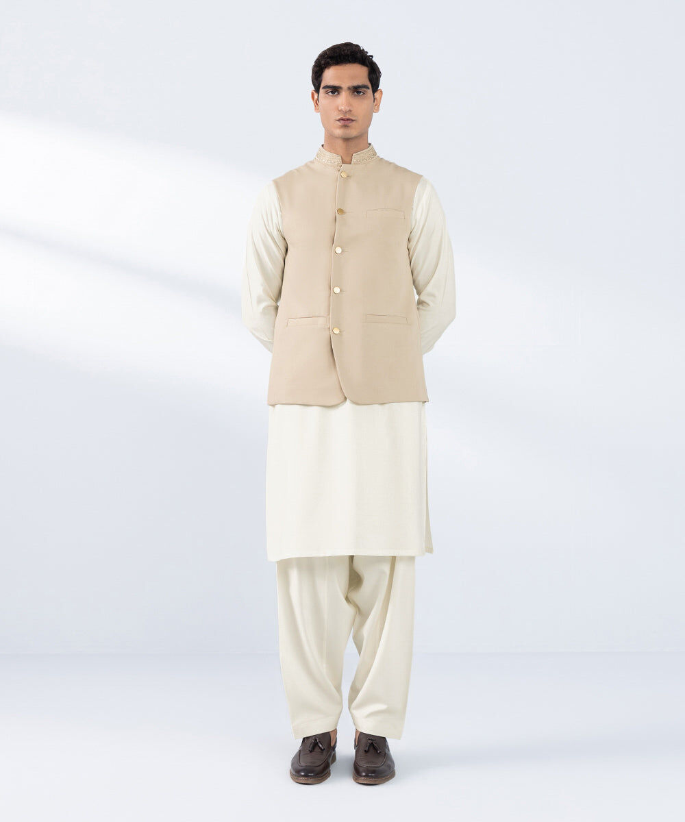 Men's Stitched Embroidered Beige Premium Wash & Wear Waistcoat
