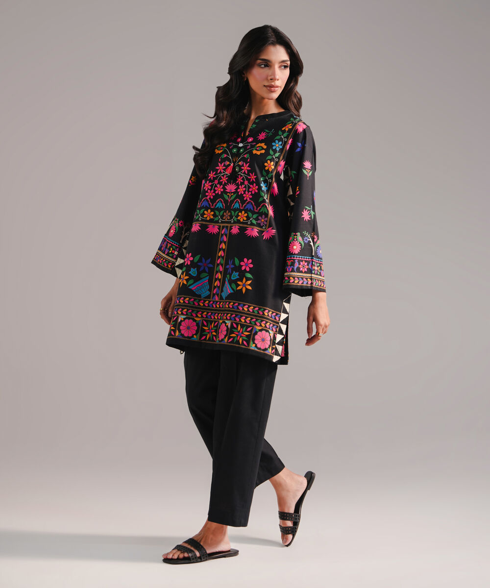 Women's RTW Cotton Viscose Printed Black Straight Shirt