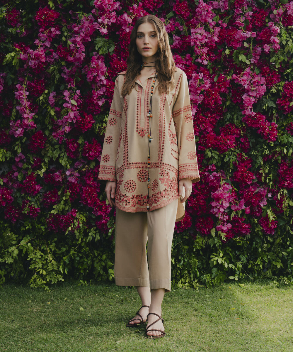 Women's RTW Cross Hatch Beige Embroidered Boxy Shirt