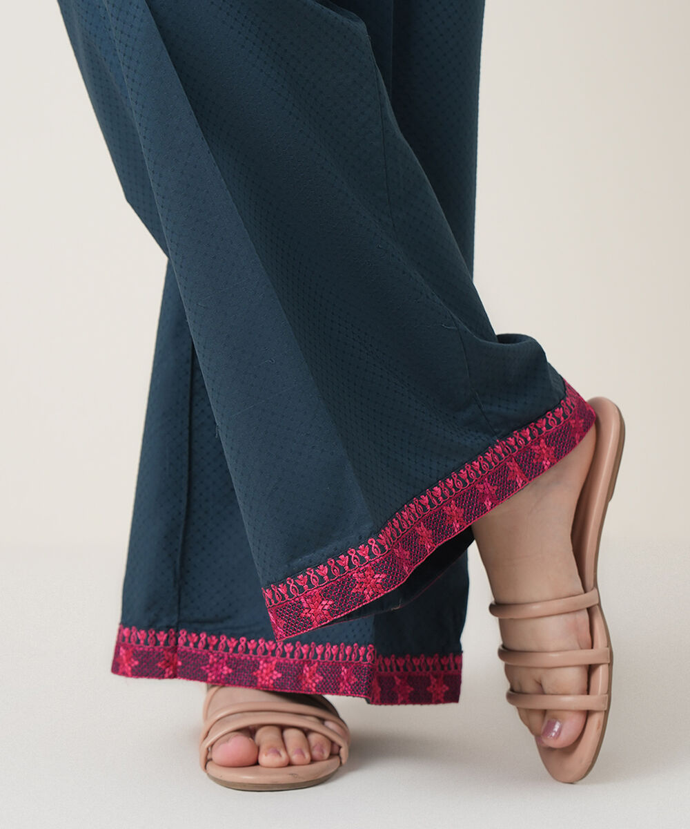 Women's RTW Textured Cotton Blue Embroidered Trousers